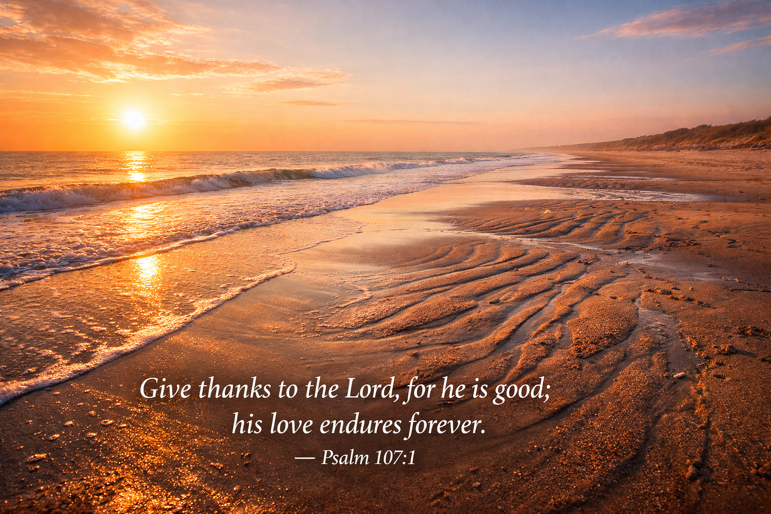 Psalm 107:1 -- Love Endures Forever Tide Marks Beach Wallpaper